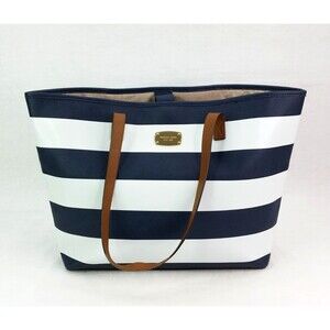 Michael Kors Striped Tote Bag Navy Blue White Leather Shoulder Bag Travel Bag